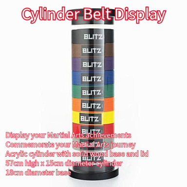 Cylinder display for belts in various colours, featuring a round base and height of 57 cm.