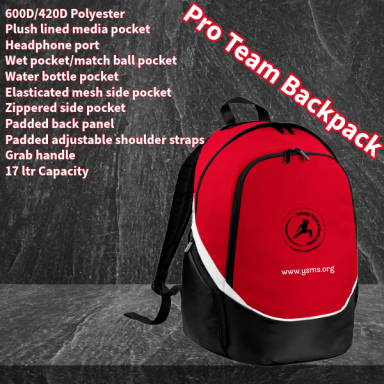 Red and black backpack with multiple pockets and adjustable shoulder straps. 12L capacity.