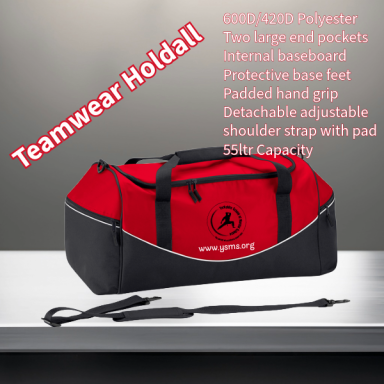 Red and black teamwear holdall with multiple pockets and adjustable shoulder strap.