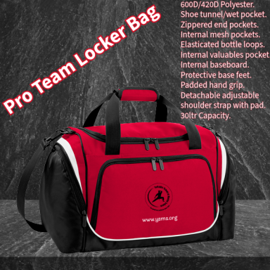 Red and black Pro Team Locker Bag with multiple pockets and adjustable shoulder strap.